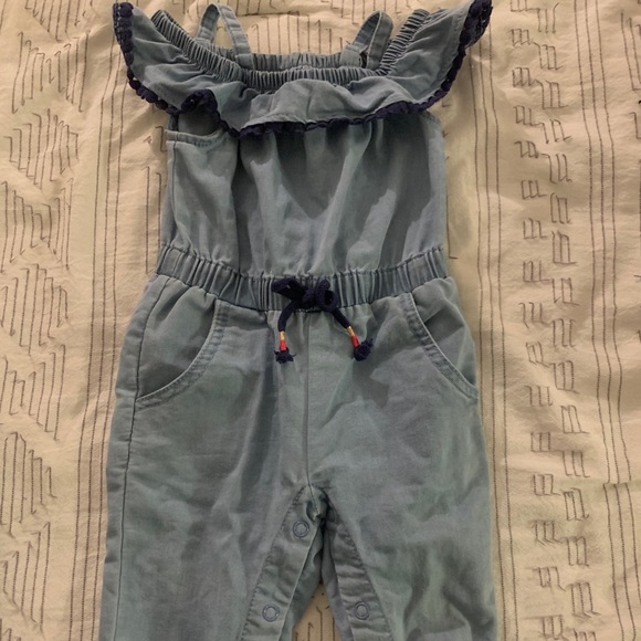 denim one piece w/ cinched waist and ruffle collar - Picture 2 of 4